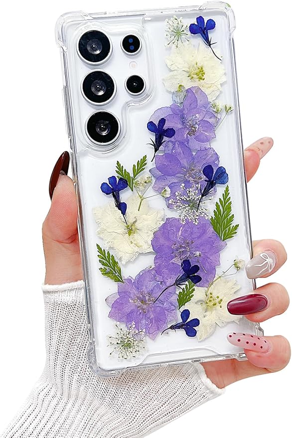 Compatible with Samsung Galaxy S25 Ultra Case Cute Pressed Dried Real Flowers Design Women Girly Shockproof Soft TPU Floral Clear Phone Cover for Galaxy S25 Ultra (Purple Flower)
