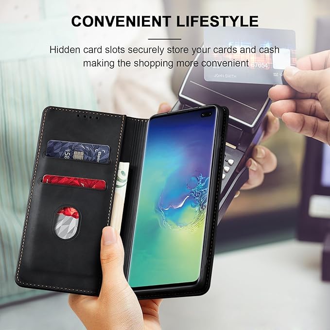 Jasonyu Flip Wallet Case for Samsung Galaxy S10 Plus,Leather Magnetic Folio Cover with Card Holder,Kickstand - TPU Shockproof Durable Protective Phone Case,Black