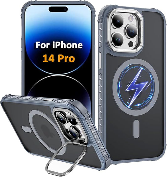 Magnetic for iPhone 14 Pro Case Gray with MagSafe Wireless Charging Heavy Duty Military-Grade Shockproof Protection Adjustable Kickstand Slim Matte Anti-Fingerprint Cover Men Women