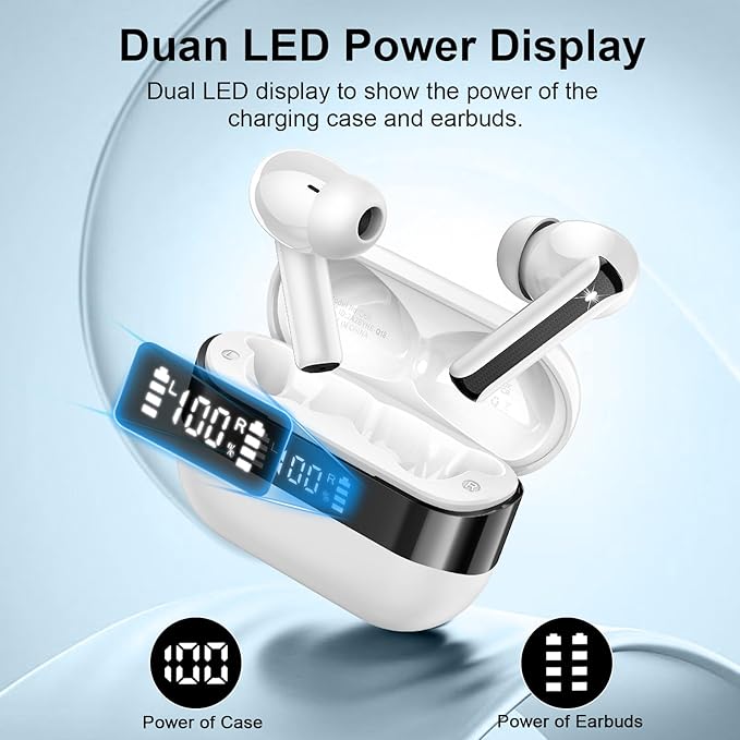 Wireless Earbuds, Bluetooth 5.4 Headphones with HiFi Stereo, in Ear Earphones with 4 ENC Mics, 48H Bluetooth Earbuds with LED Display Charging Case, IP7 Waterproof Ear Buds for Android iOS White