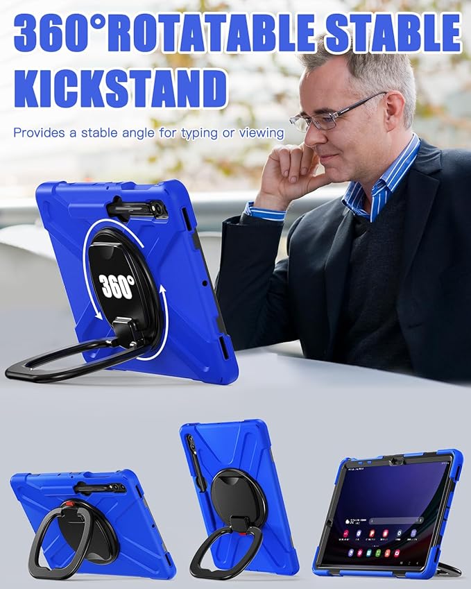 BRAECN Case for Galaxy Tab S10+/S9 FE+/S9+/S8+/S7 FE/S7+ 12.4 Inch SM-X820/X810/X800, Rugged Silicone Cover with Screen Protector, Kickstand, Shoulder Strap, S Pen Holder for Galaxy Tab S9 Plus, Blue