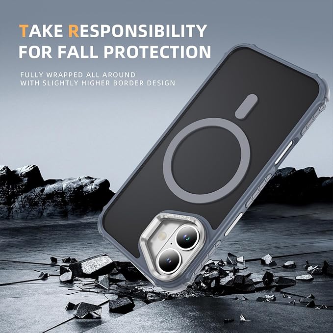 Magnetic for iPhone 16 Case Gray with MagSafe Wireless Charging Heavy Duty Military-Grade Shockproof Protection Adjustable Kickstand Slim Matte Anti-Fingerprint Cover Men Women