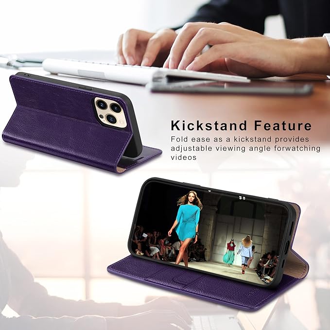 Belemay Compatible with iPhone 14 Pro Max Case Wallet-Genuine Leather Flip Case-RFID Blocking Card Holder-Shockproof TPU Shell Folio Cover Women Men Compatible with iPhone 14 Pro Max (6.7-inch) Purple