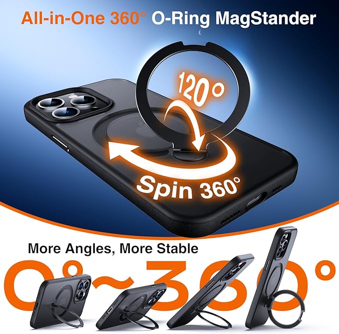 360° O-Ring MagStander for iPhone 13 Pro Case with Magnetic Kickstand Ring Holder [Compatible with MagSafe][360°Rotate Stand Ring][Military Shockproof] iPhone 13 Pro Phone Cover Matte Black