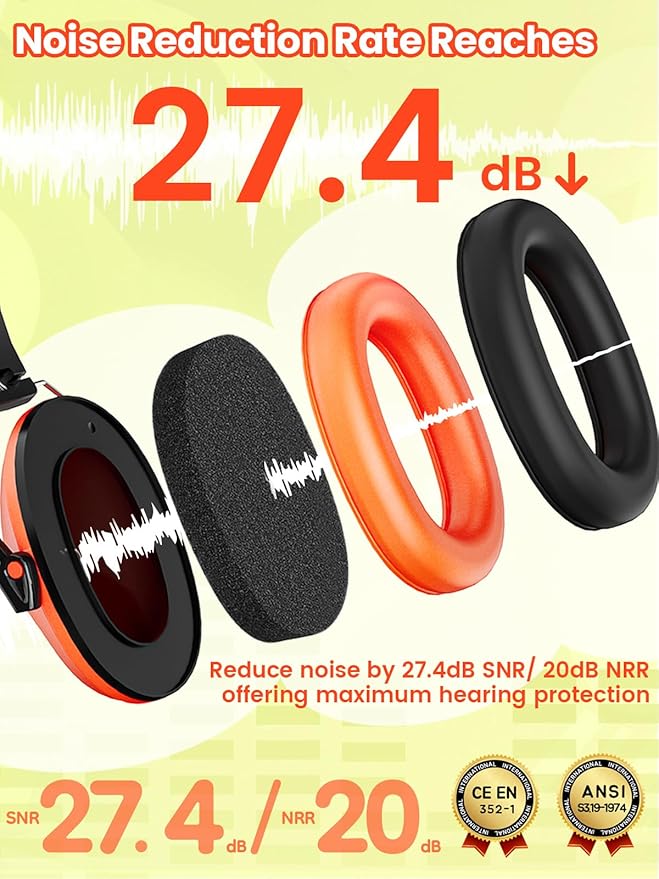 Dr.meter Ear Muffs for Noise Reduction: 27.4SNR Noise Cancelling Headphones for Kids Adults, EM100 Adjustable Hearing Protection Earmuffs for Monster Jam, Autism Sensory, Concerts, Fireworks Orange