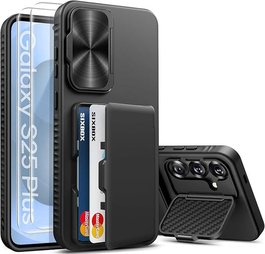 for Samsung Galaxy S25+ Plus Case with Card Holder, Built-in Stand & [2 Pack] Screen Protector & Camera Cover, Rugged Protective Wallet Kickstand Phone Cover Case for S25+ Plus 6.7" 2025, Black