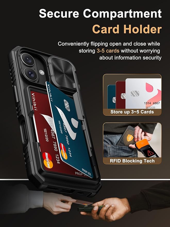 Vihibii for iPhone 16 Case with [2X Screen Protector], Built-in Card Holder (4 Cards), [RFID Blocking] & Slide Camera Cover & Tempered Glass Films, Rugged Wallet Case for 16 6.1" 2024, Black