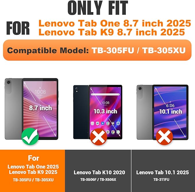 SEYMAC stock Tablet Case for Lenovo Tab One (TB305FU) 8.7 inch Drop-Proof Protection Cover with 360° Rotate Stand & Strap [Pen Holder] & Screen Protector/K9 2025, Black