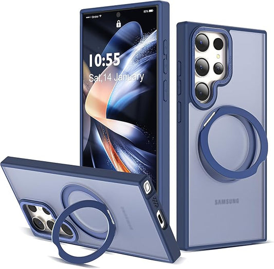 Compatible with Samsung Galaxy S22 & S23 Ultra Case with 360Rotatable Magnetic Ring Stand Compatible with Mag-Safe Military Protection Shockproof Translucent Phone Case,Blue