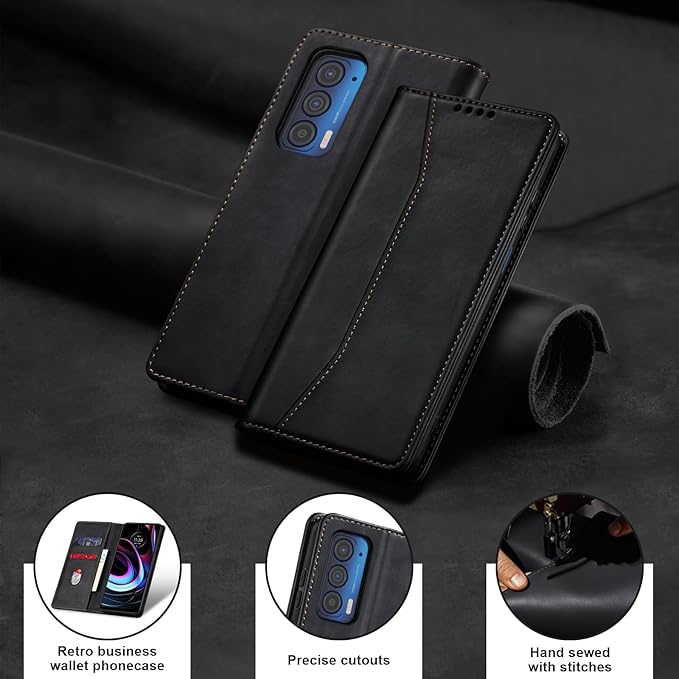 Jasonyu Flip Wallet Case for Motorola Edge 5G UW/Moto Edge (2021),Leather Magnetic Folio Cover with Card Holder,Kickstand - TPU Shockproof Durable Protective Phone Case,Black