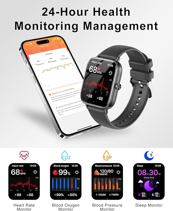 Smart Watch for Women with Bluetooth Call Answer/Dail,1.85" DIY Dial Fitness Watch with Heart Rate Sleep Monitor Step Counter 120+ Sports Modes Waterproof Women's Smart Watch for Android iOS (Black)