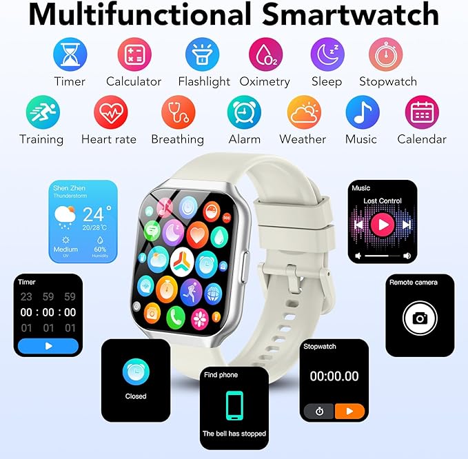 Smart Watch for Men Women, 1.96" HD Fitness Watch with Bluetooth Call, Smartwatch with 112+ Sport Modes/Heart Rate/Sleep Monitor/Pedometer, IP68 Waterproof Watch Compatible with Android/iOS, White