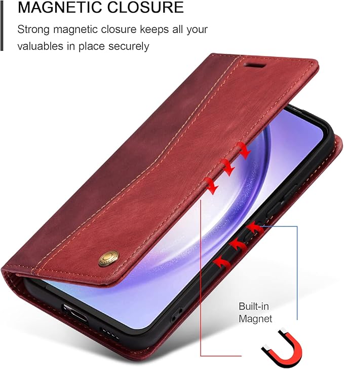 QLTYPRI Wallet Case for Samsung Galaxy S24, Vintage Folio PU Leather Purse Case with Card Slots Magnetic Closure Kickstand Flip Crashproof Phone Cover for Samsumg Galaxy S24 - Wine Red