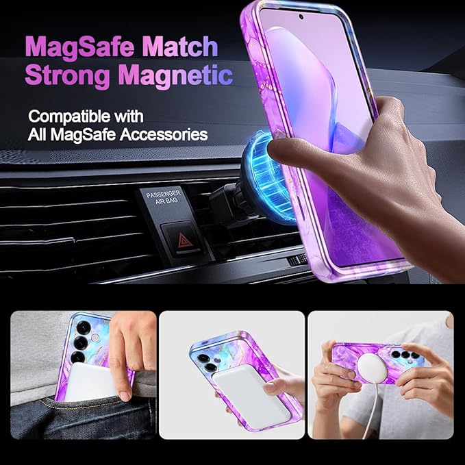 Casetego for Galaxy S25 Case,Compatible with MagSafe,[Military Grade Drop Test] Full Body Protection Slim Shockproof Rugged Marble Women Case for Samsung Galaxy S25 6.2 inch,Bright Purple