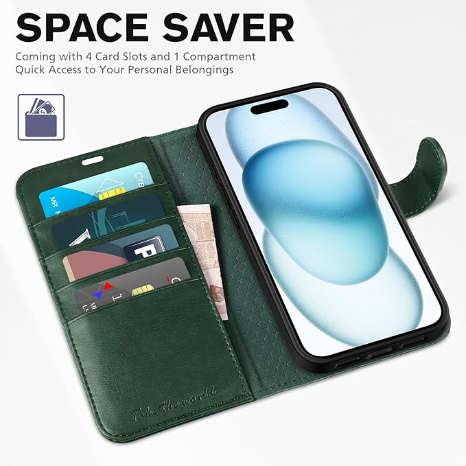 TUCCH Case Wallet for iPhone 15 6.1", Protective [TPU Shockproof Inner Shell], Kickstand PU Leather RFID Blocking [4 Card Holder] Magnetic Closure Cover Compatible with iPhone 15 5G, Dark Green