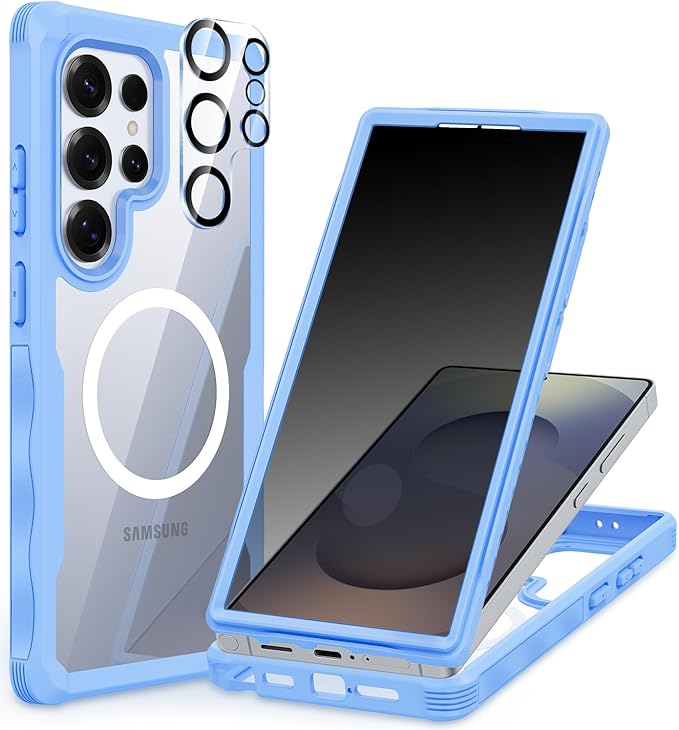 CENHUFO Magnetic Privacy for Samsung Galaxy S25 Ultra Case, Full Body Phone Case with Built-in 9H Tempered Glass Privacy Screen Protector and Camera Lens Cover, Shockproof Bumper - Light Blue