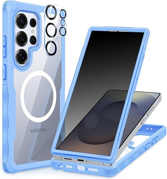 CENHUFO Magnetic Privacy for Samsung Galaxy S25 Ultra Case, Full Body Phone Case with Built-in 9H Tempered Glass Privacy Screen Protector and Camera Lens Cover, Shockproof Bumper - Light Blue