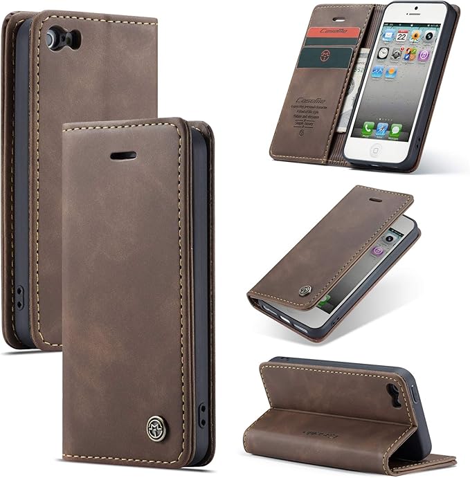 for iPhone 5 / iPhone 5S / iPhone SE (2016) Case, Flip Wallet Leather Case with Card Holder Magnetic Closure Shockproof Kickstand Protective Phone Cases Cover for iPhone 5S,Coffee