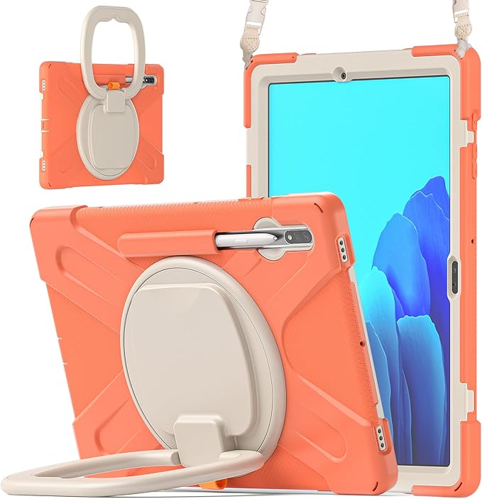 360 Rotation Portable Case for Galaxy Tab S8+/S7 FE/S7+ 12.4 Inch Case with S Pen Holder Rugged Case Rotating Stand Hand Strap Shoulder Carrying Strap Outdoor Cover (Orange)
