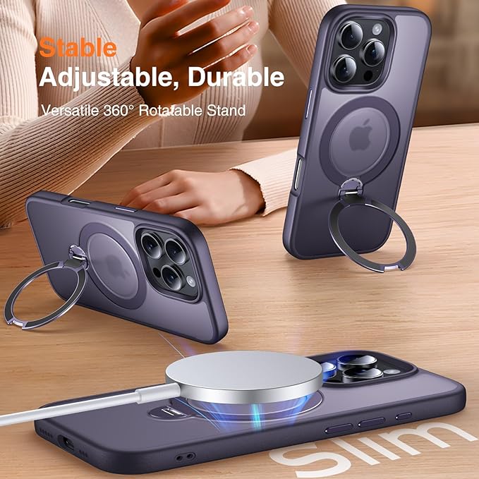 360° O-Ring MagStander for iPhone 16 Pro Max Case with Magnetic Kickstand Ring Holder [Compatible with MagSafe][360°Rotate Stand][Military Shockproof] iPhone 16 Pro Max Phone Cover Purple