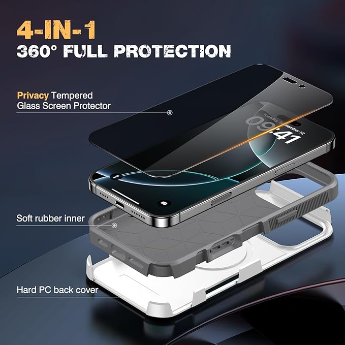 Diaclara Magnetic for iPhone 16 Pro Case, [with Privacy Screen Protector] [Anti Spy] [Military Grade Drop Protection] Heavy Duty Full-Body Shockproof Phone Case, Magnetic White