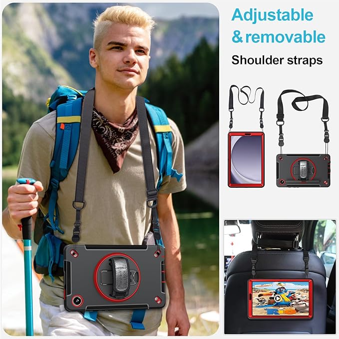 Case for Galaxy Tab A9 Plus 5G 2023: Heavy Duty TPU Cover for Samsung Tablet A9+ 11 Inch with Stand - Handle - Shoulder Strap -S-Pen Holder- Red Black