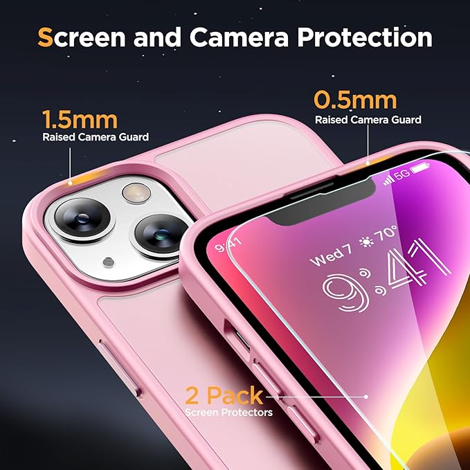 Miracase for iPhone 14 Case [MagSafe Compatible] [2× 9H Tempered Glass] 12FT Military-Grade Drop Protection, Slim Translucent Matte, Anti-Fingerprint, Shockproof with Metal Buttons, Mes-Pink