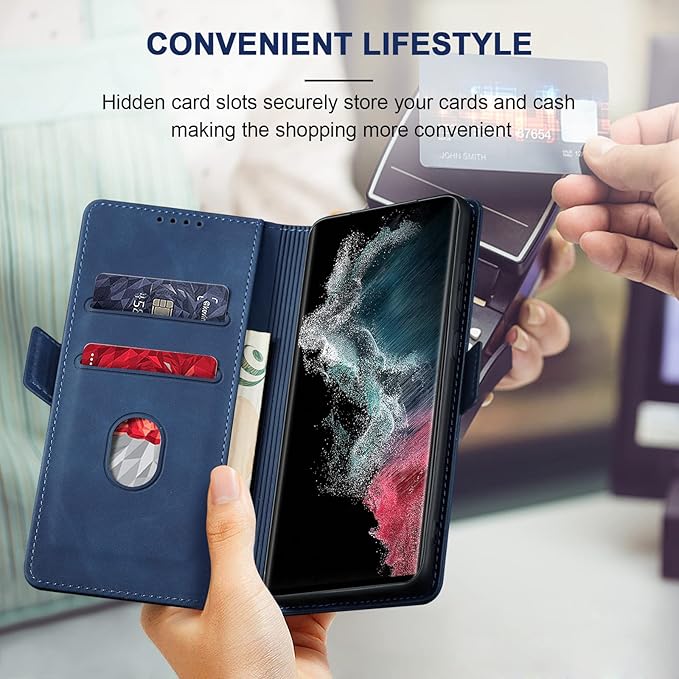 Jasonyu Flip Wallet Case for Samsung Galaxy S22 Ultra 5G,Leather Magnetic Folio Cover with Card Holder,Kickstand - TPU Shockproof Durable Protective Phone Case,Blue