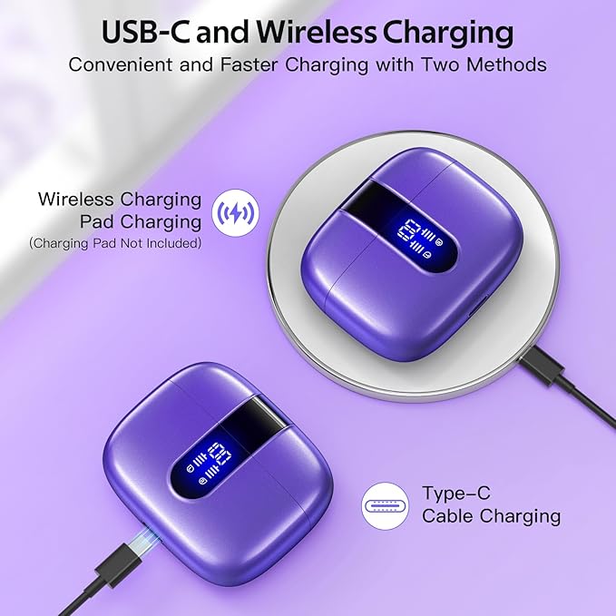 TAGRY 2 Sets X08 Purple and Phantom Purple Bluetooth Headphones True Wireless Earbuds 60H Playback Ear Buds with Wireless Charging Case in-Ear Earbuds with Mic