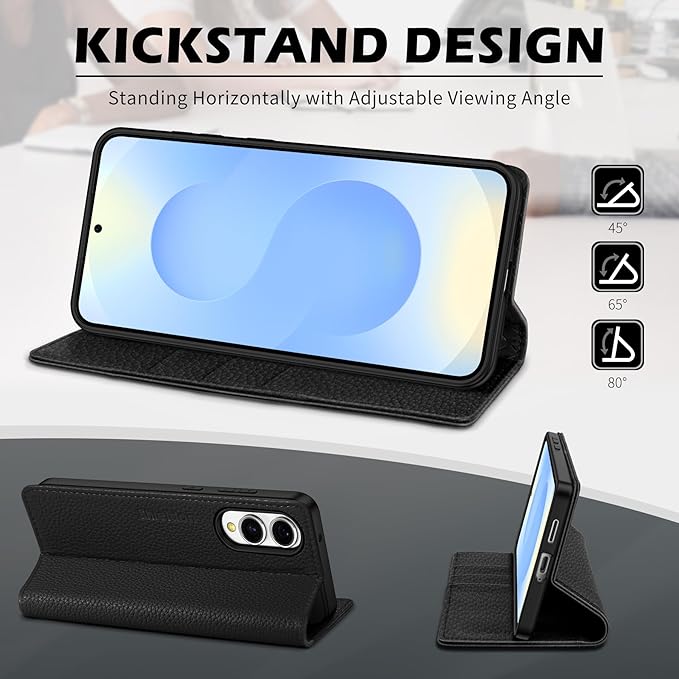 SHIELDON Case for Galaxy S25 Edge 5G, Genuine Leather Wallet Case with Kickstand RFID Blocking Credit Card Holder Magnetic Shock Absorbing Cover Compatible with Galaxy S25 Edge 6.7" - Pebbled Black