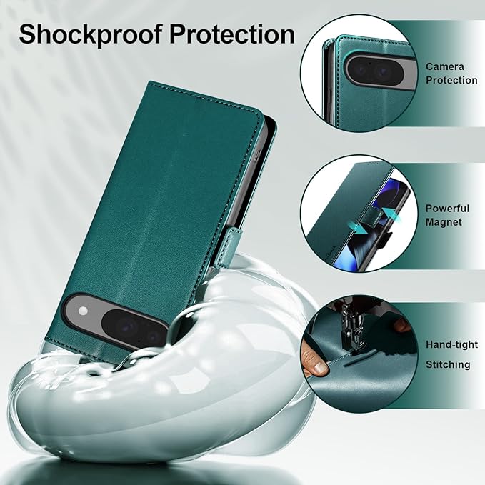 Wallet Flip Case for Google Pixel 9/9 Pro - [RFID Blocking] Luxury PU Leather Card Holder Magnetic Phone Cover with Kickstand,Shockproof Protective Case,Green