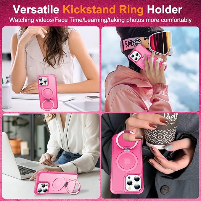 Magnetic Compatible with iPhone 14 Pro Case with Stand [Military Grade Drop Tested][Compatible with Magnet] Ring Translucent Slim Hard Back Soft Edge, Rose Red