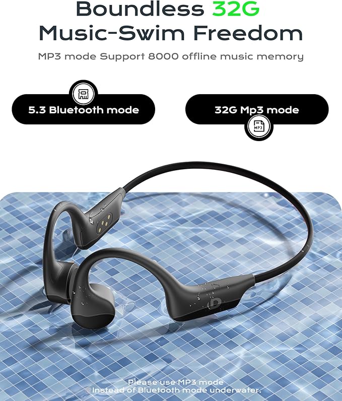 Open Ear Sport Headphones, Wireless Bone Conduction Earphones, Built-in 32GB MP3,with Mic, IP68, Sweat & Water Resistant, Up to 8 Hours Battery, Bluetooth 5.3, for Running, Workouts, Swimming