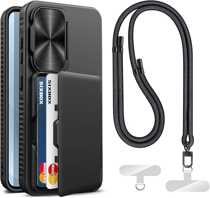for Samsung Galaxy S25 Case Wallet, Built-in Stand with Phone Lanyard Crossbody (2X Phone Tabs) & Card Holder & Camera Cover, Shockproof Rugged Protective Phone Case for Samsung S25 6.2", Black