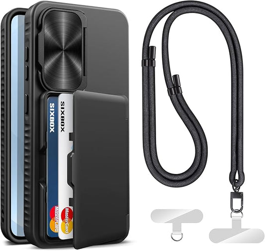 for Samsung Galaxy S25 Case Wallet, Built-in Stand with Phone Lanyard Crossbody (2X Phone Tabs) & Card Holder & Camera Cover, Shockproof Rugged Protective Phone Case for Samsung S25 6.2", Black
