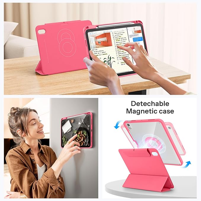 SPARIN Case for iPad A16 11th/10th Generation 2025/2022 (11"/10.9") with Pencil Holder, Magnetic Detachable Hybrid Stand, Portrait/Landscape Angle, Auto Wake/Sleep-Watermelon Pink