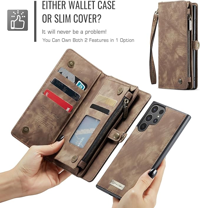 SZHAIYU 2 in 1 Detachable for Samsung Galaxy S25 Ultra Wallet Case with Card Holder, Retro Premium Flip Leather Cover Magnetic Zipper Pocket Phone Cases 6.8'' (Coffee, S25 Ultra)