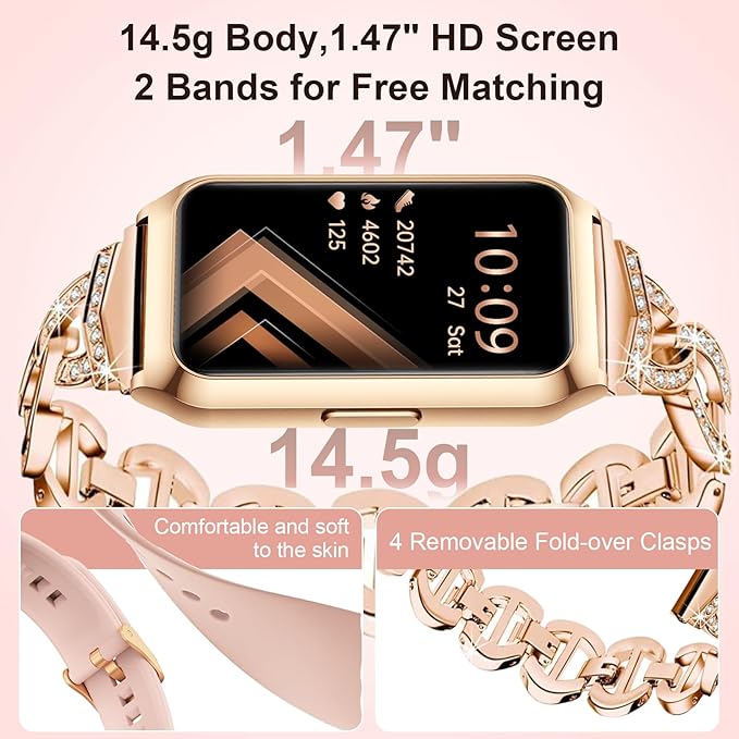 GADIXY Smart Watch,Fitness Tracker Watch 7 Day+ Battery with Heart Rate/Step Counter/Calories/SPO2/Sleep Monitor,IP68 Fitness Smart Watches for Women (Rosegold, 1.47inch)