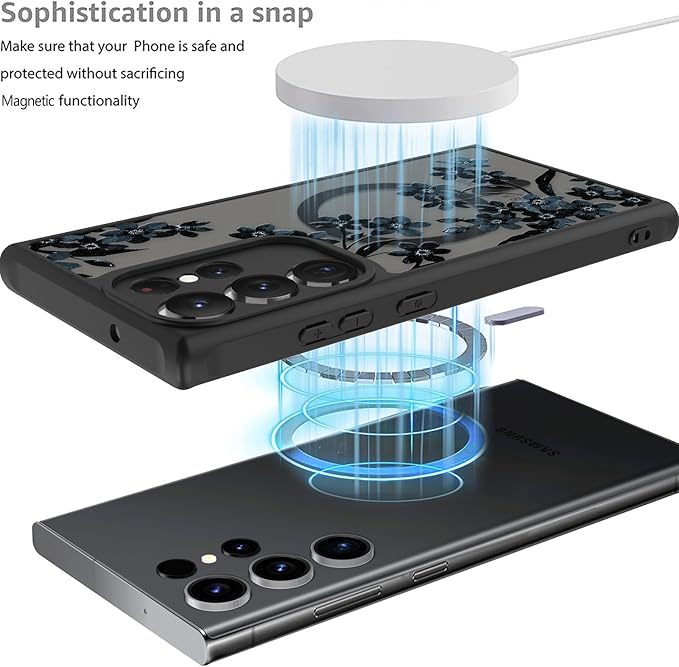 Fiyart Designed for Samsung Galaxy S22 Ultra Case Matte Flowers Design Compatible with MagSafe Wireless Charging,Cute Floral Anti-Scratch Translucent Phone Cover for Women Girls 6.8"-Black