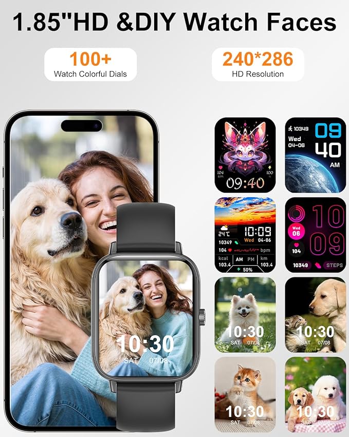 Smart Watch for Women with Bluetooth Call Answer/Dail,1.85" DIY Dial Fitness Watch with Heart Rate Sleep Monitor Step Counter 120+ Sports Modes Waterproof Women's Smart Watch for Android iOS (Black)