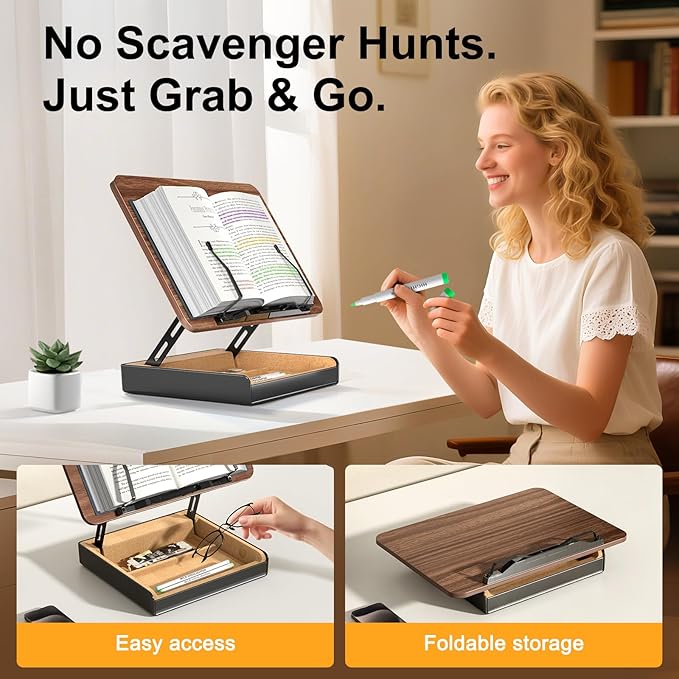 Book Stand with Storage, Book Holder for Reading Hands Free, Wooden Cookbook Stand for Kitchen Counter, Adjustable Reading Stand for Desk, Recipe Stand, Book Prop for Book Lovers
