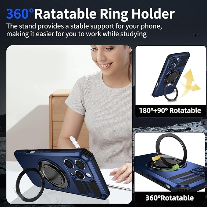 for iPhone 16 Pro Max Case Magnetic Compatible with MagSafe,with 2 Screen Protector,Built-in Camera Cover+Kickstand Ring,Military Grade Drop Shockproof Heavy Duty Protection Phone Bumper Blue