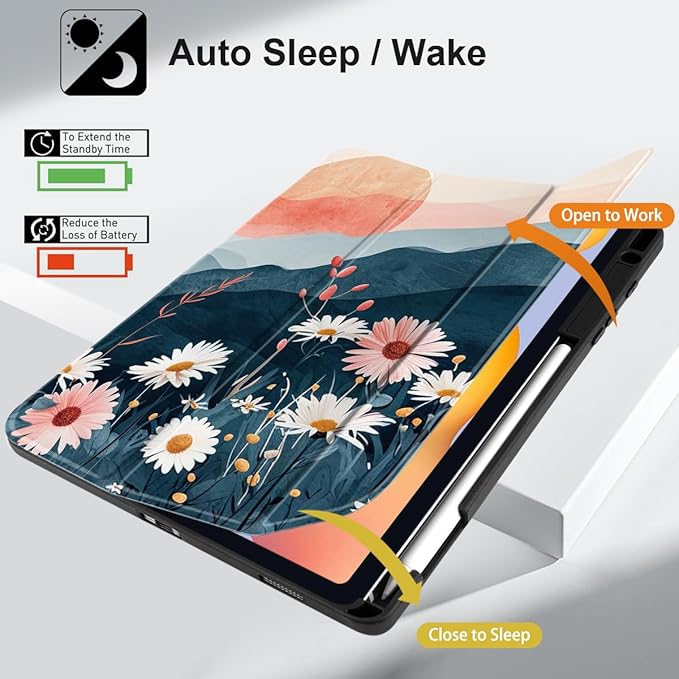DONGKE Case for Samsung Galaxy Tab S6 Lite 10.4 Inch 2024/2022/2020, Trifold Stand + S Pen Holder + Auto Wake/Sleep + Soft TPU Protective Stand Back Cover, Daisies