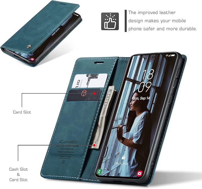 for Samsung Galaxy S21 Case, Flip Wallet Leather Case with Card Holder Magnetic Closure Shockproof Kickstand Protective Phone Cases Cover for Samsung S21,Blue-Green