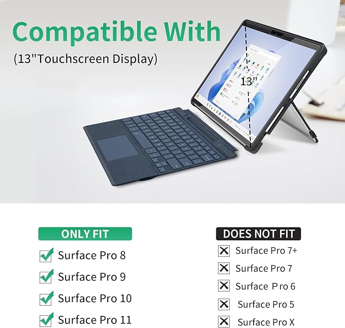 Case Updated Version fit Microsoft Surface Pro 11/10/9/8 13-Inch, All-in-one Rugged Case Compatible with Type Cover Keyboards, Transparent Black