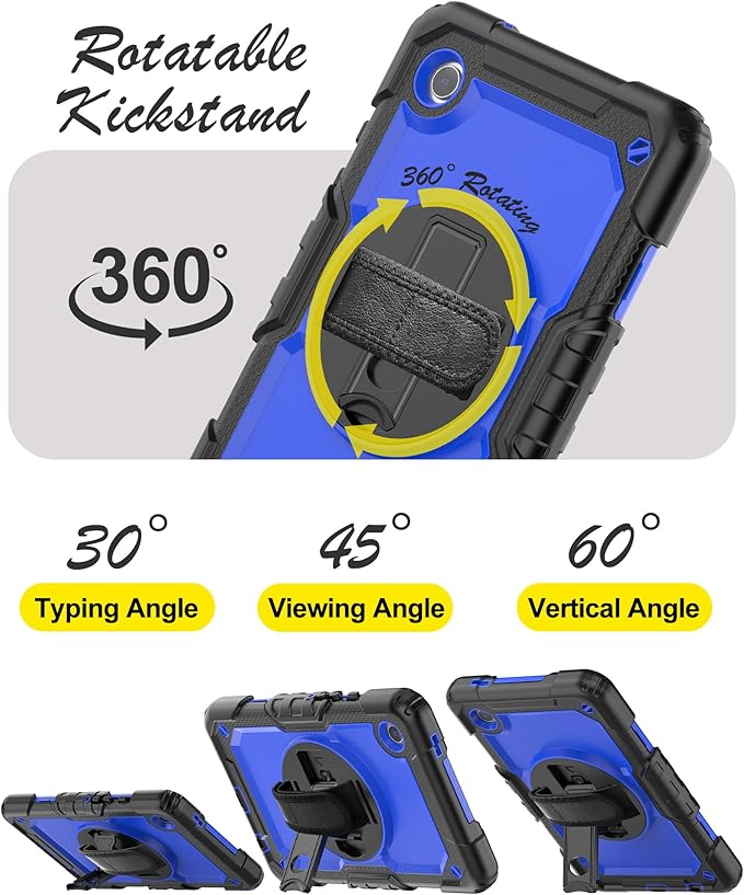 Case for Samsung Galaxy Tab A9 8.7 inch, Shockproof Design with Screen Protector/Rotating Kickstand/Pen Holder/Shoulder & Hand Strap, Heavy Duty Protective for Samsung A9 Tablet Case (Blue)