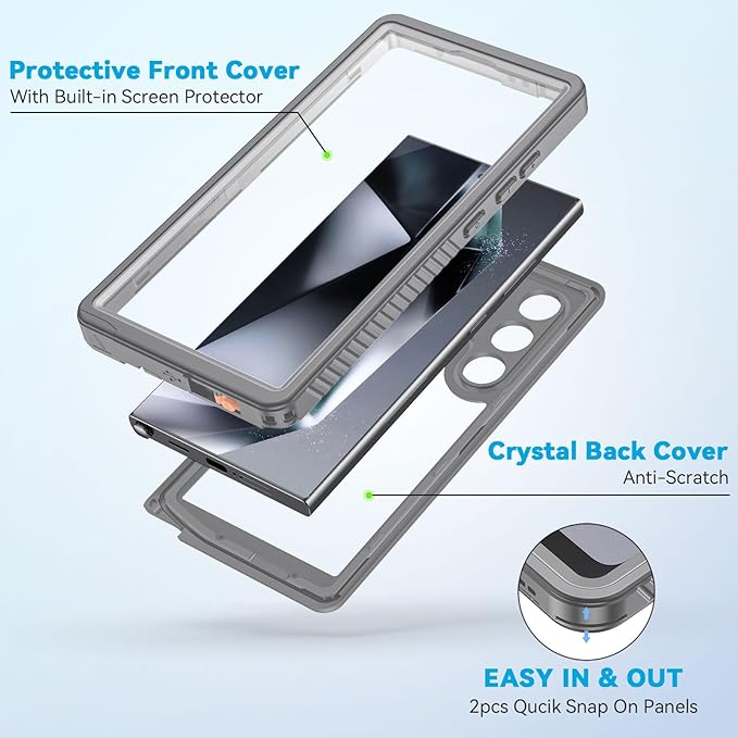 Lanhiem for Samsung Galaxy S24 Ultra Case, IP68 Waterproof Dustproof, Built-in Screen Protector, Rugged Full Body Shockproof Protective Cover for Galaxy S24 Ultra 5G 6.8 Inch, Titanium Gray/Clear