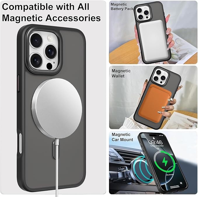 ZIYE Magnetic Case for iPhone 16 Pro Max Case with Stand [Compatible with MagSafe] Slim Shockproof Military Grade Heavy Duty Cover with 360 Rotatable Ring Kickstand for Women Men, Translucent Black