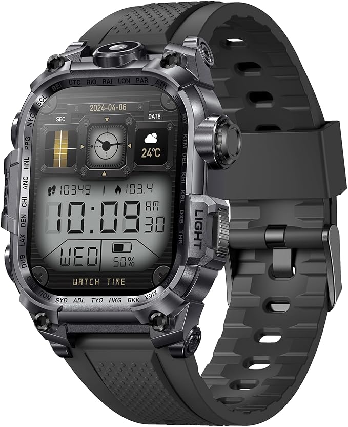 Tough Smart Watch for Working Men with Flashlight, 2.01" HD Ultra Large Rugged Smartwatch Bluetooth Call/Heart Rate/Sleep Monitor Hiking Camping Fitness Track Watches