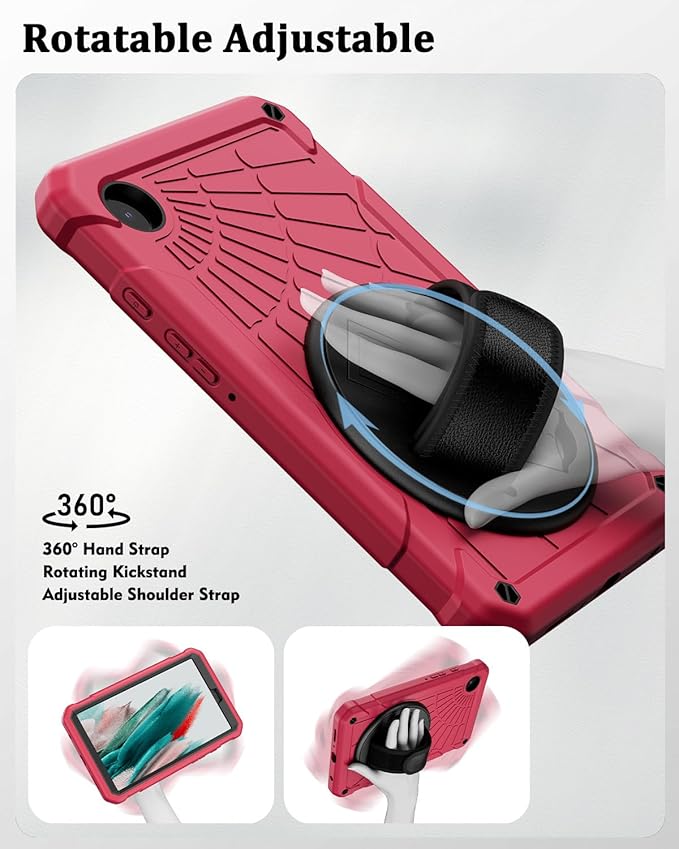 Case for Samsung Galaxy Tab A9 8.7 Inch 2023, 360° Rotating Stand, Hand Strap&Shoulder Strap Case for Samsung A9 Tablet(SM-X110/X115/X117) (Rose Red)